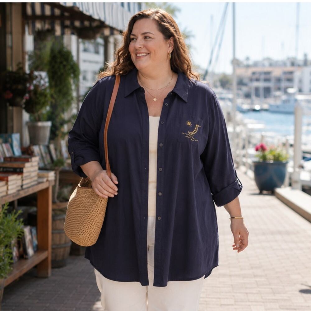 Navy Blue Gold Sailboat Embroidered Shirt 3X Oversized Nautical Coastal Plus